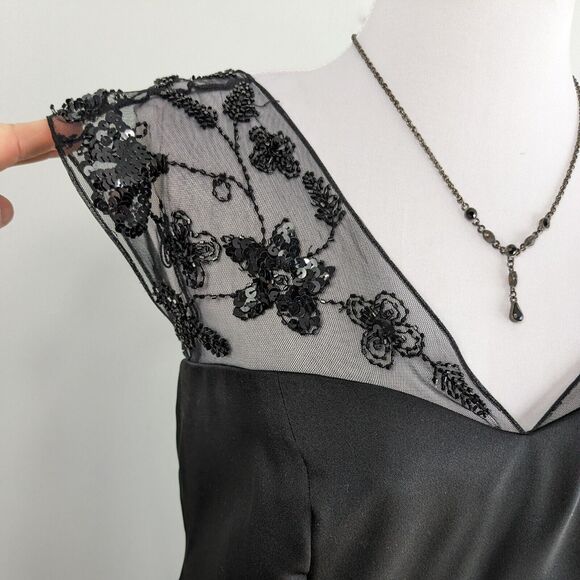 Maxi Dress Evening Gown Satin Sheer Beaded Mermaid Prom Formal Beaded Black 10 - Picture 5 of 11